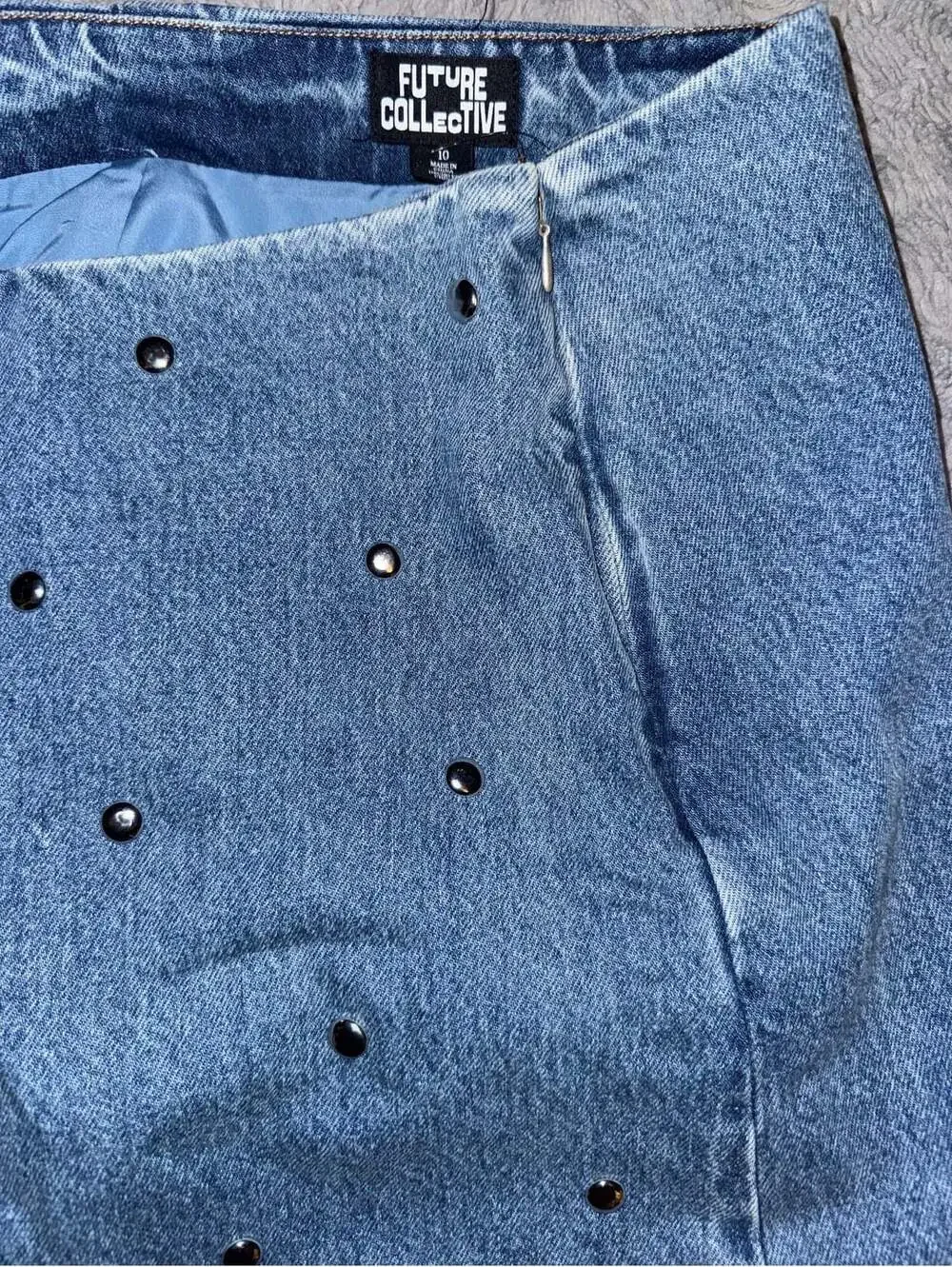 Future Collective Denim Skirt Size 10 Studded Blue Mini